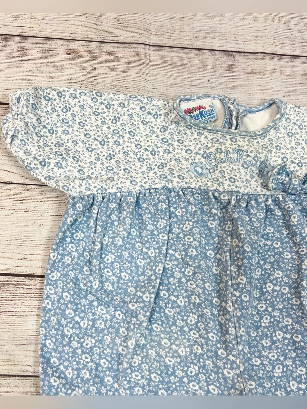 Vintage Oshkosh B’Gosh Girls Blue White Floral Romper Jumpsuit Size 3-6 M 90s